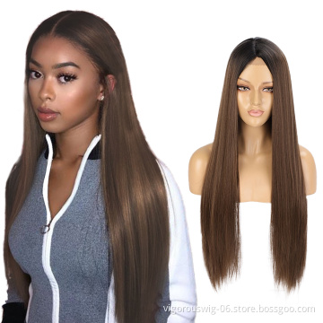 OEM & ODM Acceptable Japan Futura Wig Lace Front Brown Women Dark Root Blend High Quality Synthetic Long Straight Wigs